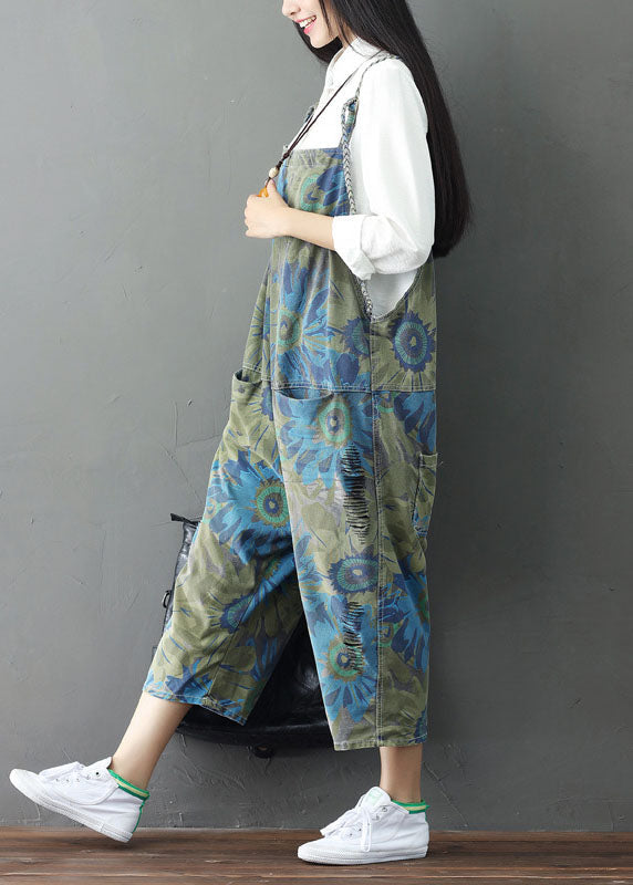 Green Print Cotton Denim Jumpsuit Ripped Jeans Spring