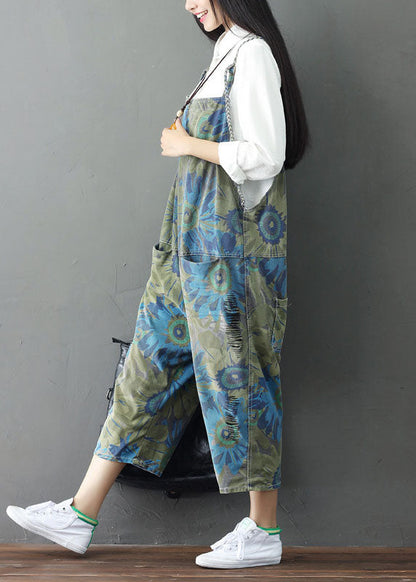 Green Print Cotton Denim Jumpsuit Ripped Jeans Spring