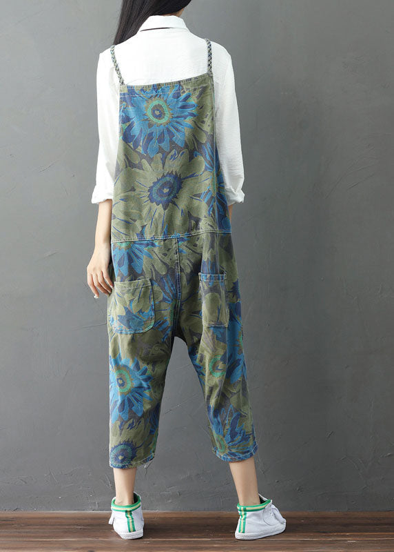 Green Print Cotton Denim Jumpsuit Ripped Jeans Spring