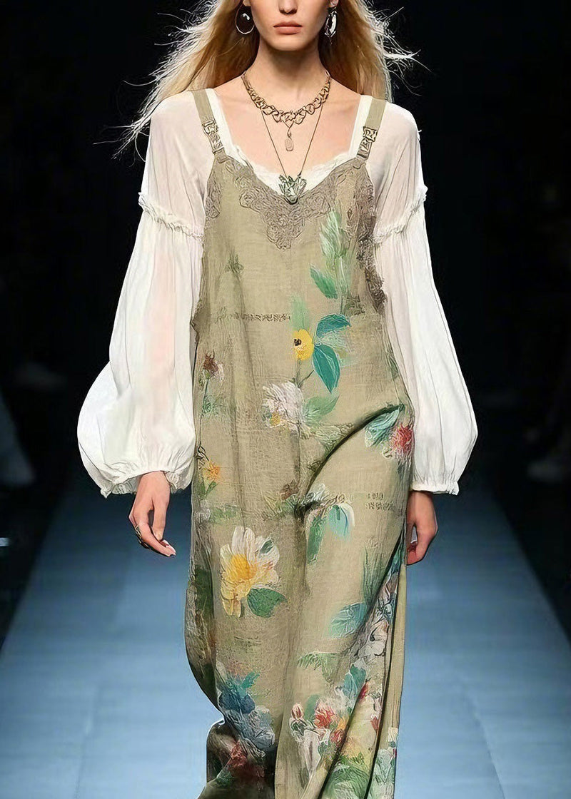 Green Print Cotton Jumpsuit Summer