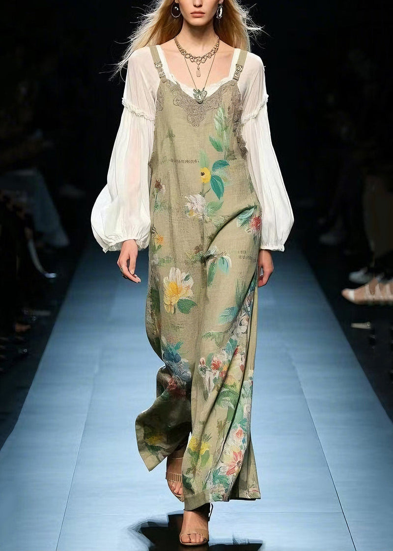 Green Print Cotton Jumpsuit Summer