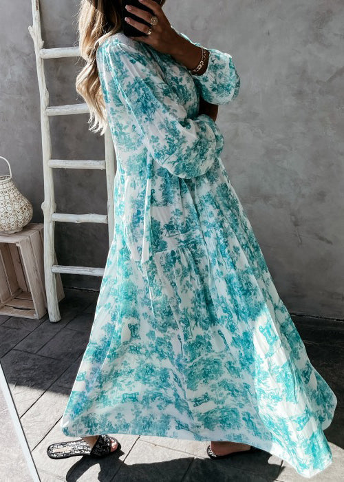 Green Print Exra Large Hem Cotton Holiday Dress Spring