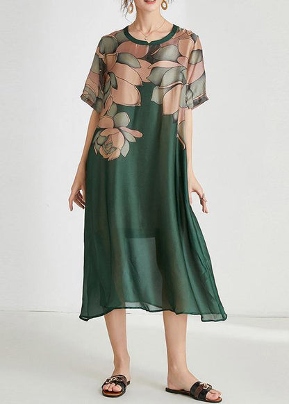 Green Print O-neck Holiday Summer Chiffon Dress