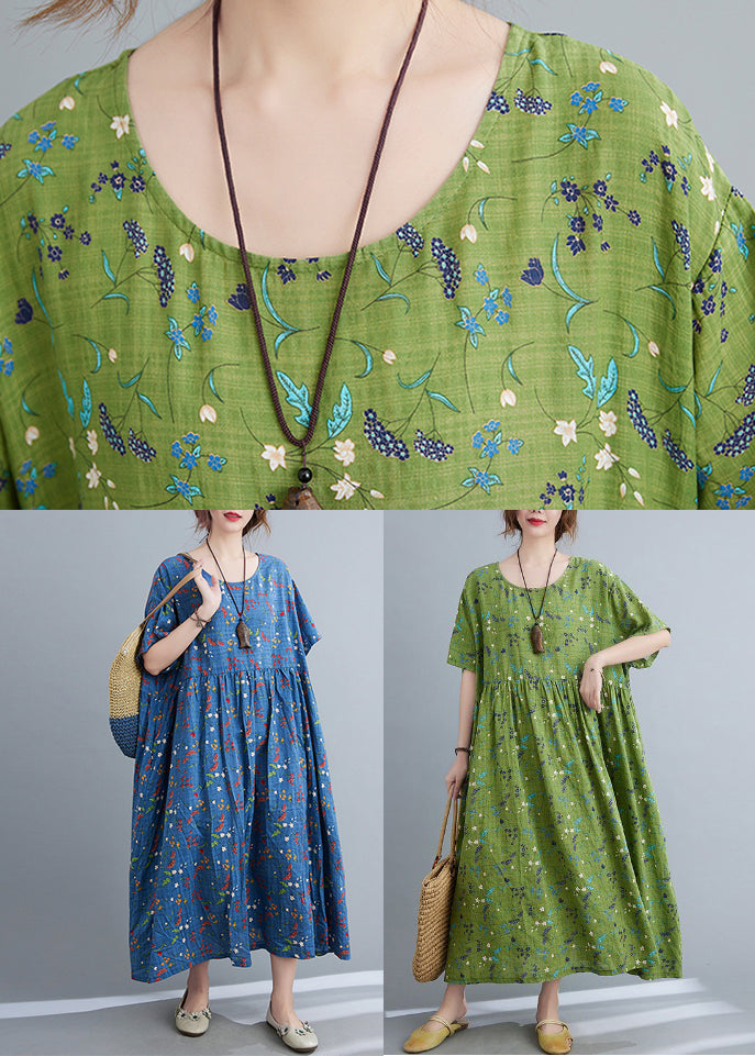 Green Print Patchwork Long Dress Short Sleeve