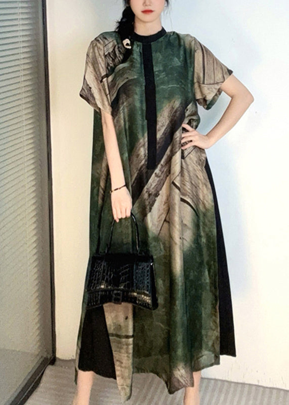 Green Print Patchwork Maxi Dresses Short Sleeve