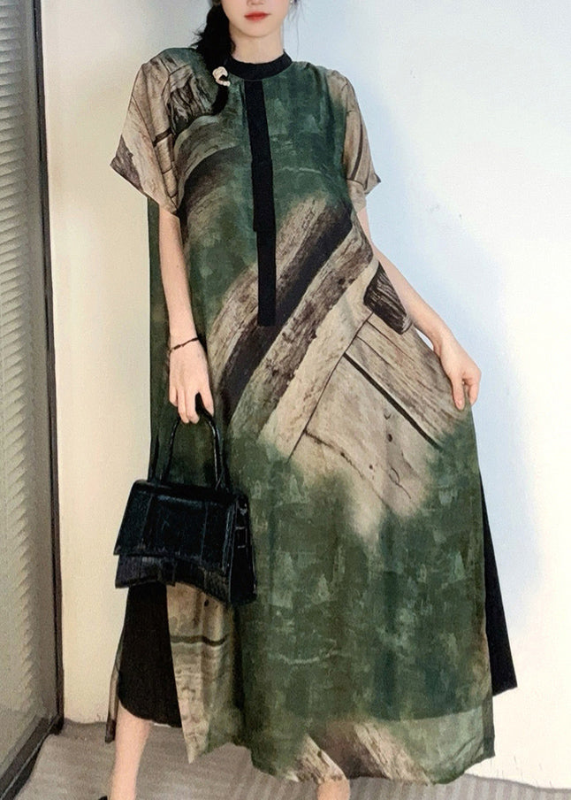 Green Print Patchwork Maxi Dresses Short Sleeve