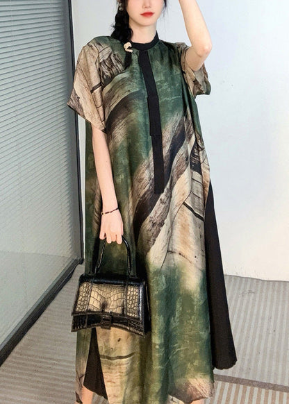 Green Print Patchwork Maxi Dresses Short Sleeve