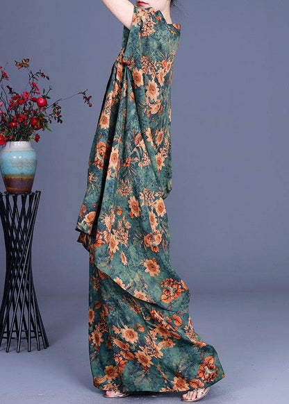 Green Print Asymmetrical Design Silk Wide Leg Two Piece Set Outfits