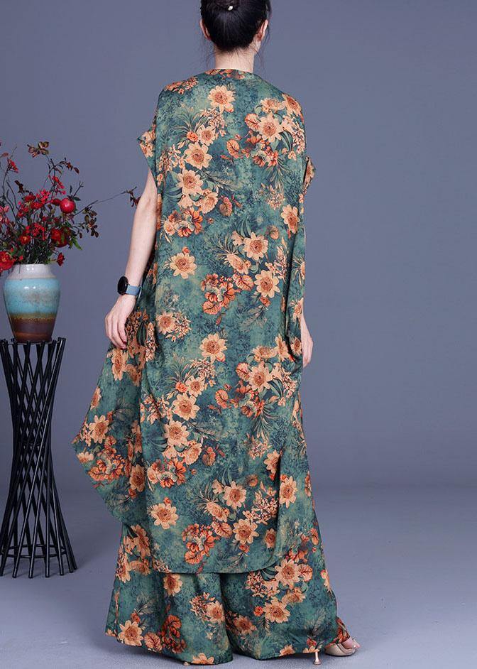 Green Print Asymmetrical Design Silk Wide Leg Two Piece Set Outfits