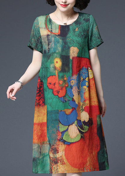 Green Print Wrinkled Cotton Dresses Short Sleeve