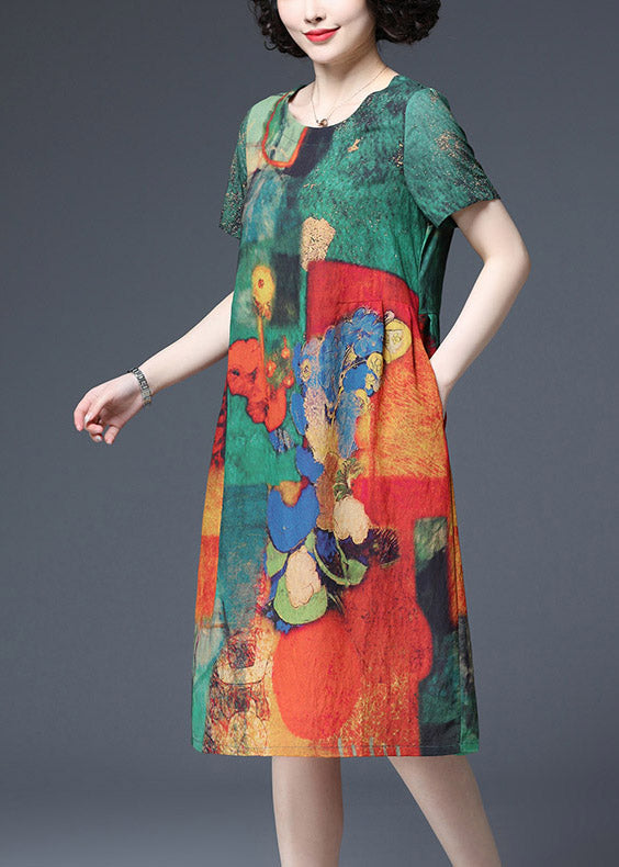 Green Print Wrinkled Cotton Dresses Short Sleeve