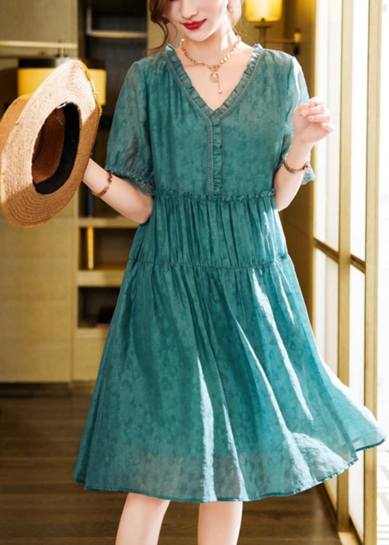 Green Ruffled Linen Silk Vacation Dresses Summer