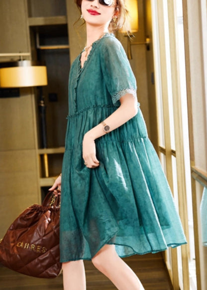 Green Ruffled Linen Silk Vacation Dresses Summer