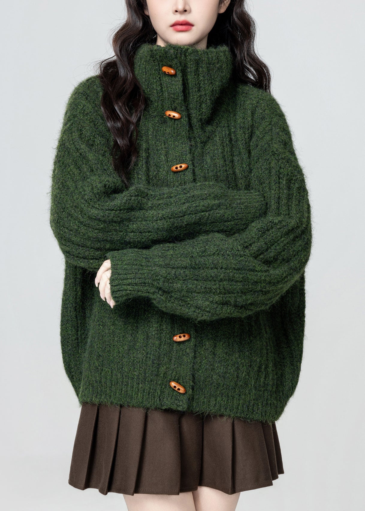 Green Stand Collar Button Cozy Knit Coat Winter