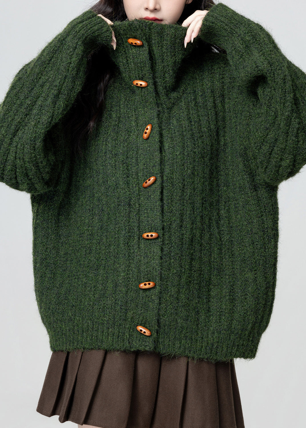 Green Stand Collar Button Cozy Knit Coat Winter