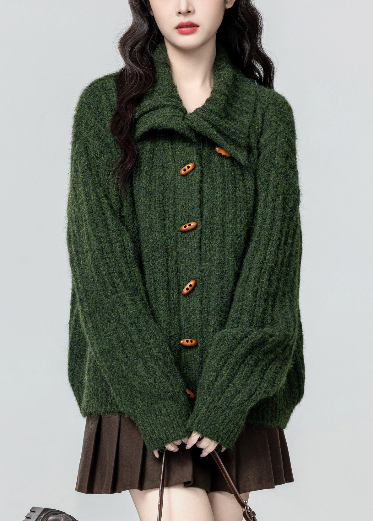 Green Stand Collar Button Cozy Knit Coat Winter