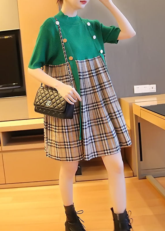 Green Stand Collar Patchwork Plaid Knit Mid Dresses Summer