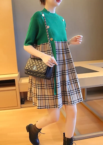 Green Stand Collar Patchwork Plaid Knit Mid Dresses Summer