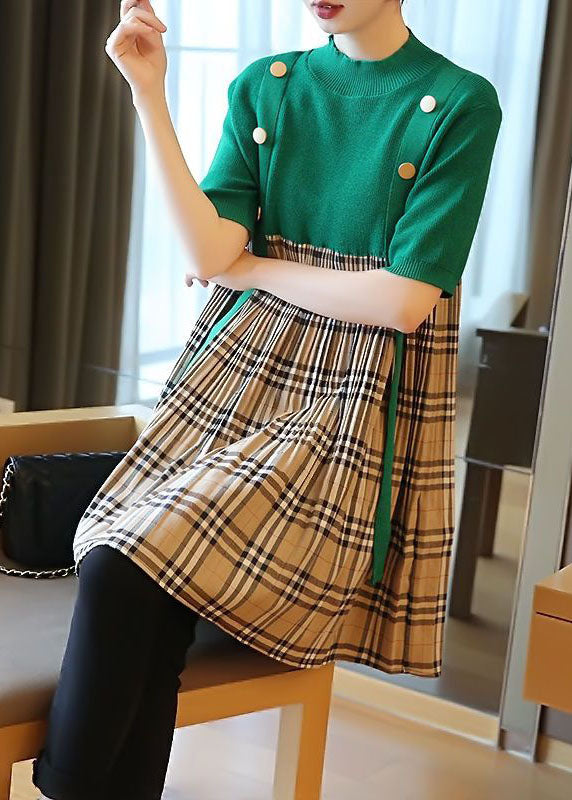 Green Stand Collar Patchwork Plaid Knit Mid Dresses Summer
