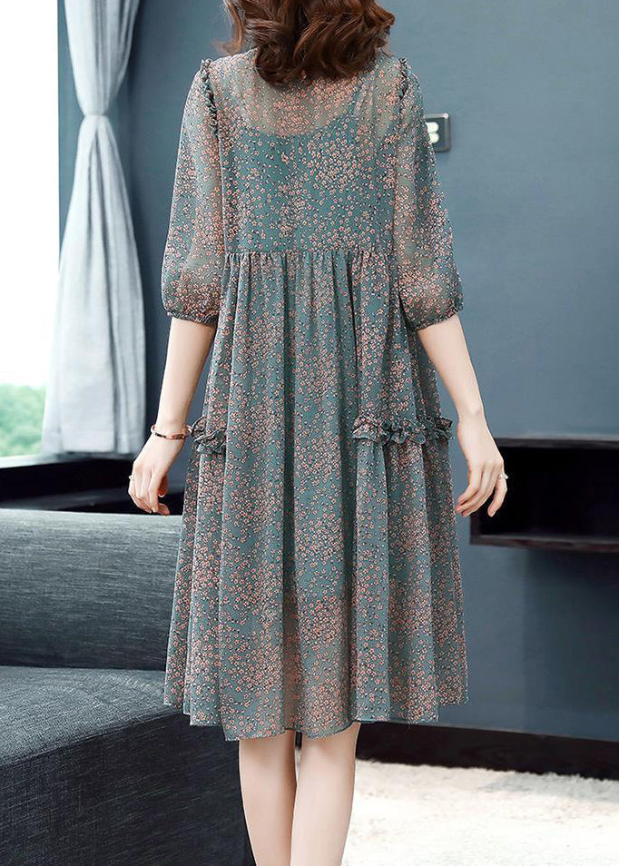 Green Stand Collar Ruffled Print Draping Chiffon Dress Bracelet Sleeve