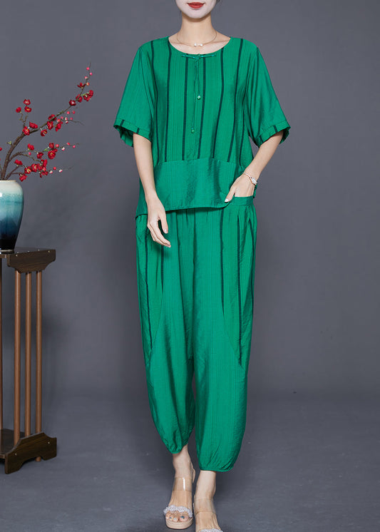 Green Striped Patchwork Linen Two Piece Set Outfits Summer