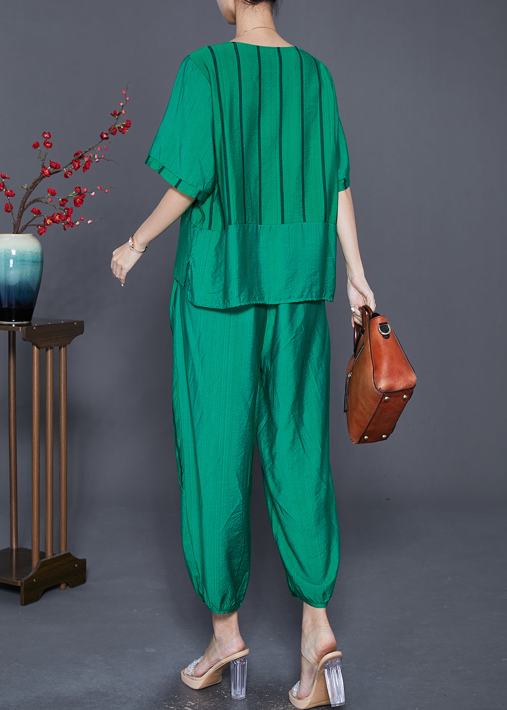 Green Striped Patchwork Linen Two Piece Set Outfits Summer