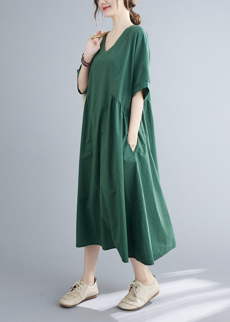 Green V Neck Cinched Pocket Dress Short Sleeve