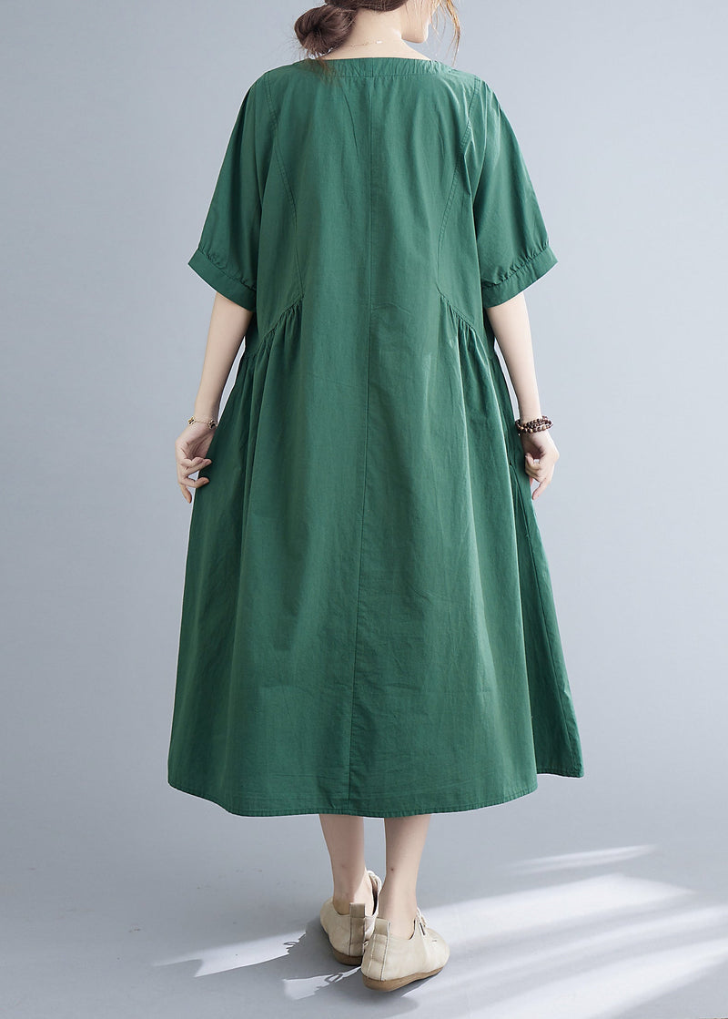 Green V Neck Cinched Pocket Dress Short Sleeve