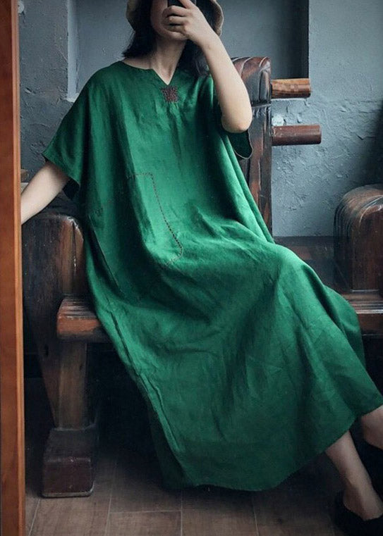 Green V Neck Embroideried Pockets Linen Maxi Dresses Short Sleeve