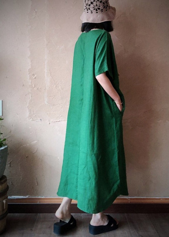 Green V Neck Embroideried Pockets Linen Maxi Dresses Short Sleeve