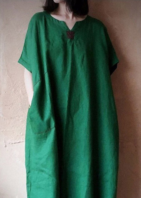 Green V Neck Embroideried Pockets Linen Maxi Dresses Short Sleeve