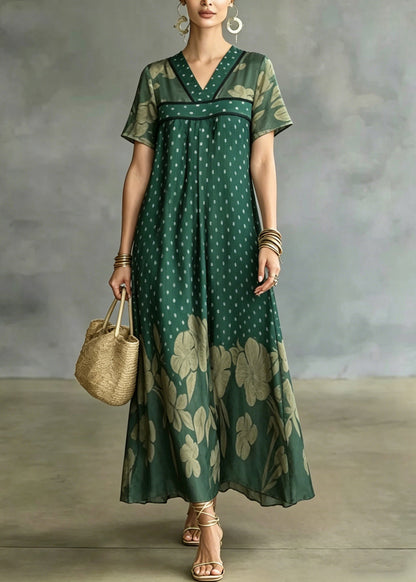 Green V Neck Patchwork Ice Silk Long Dress Short Sleeve