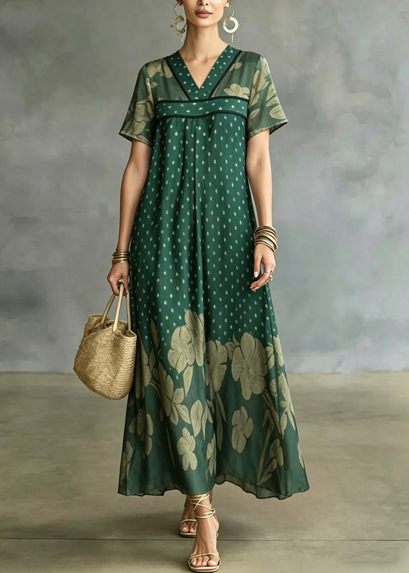 Green V Neck Patchwork Ice Silk Long Dress Short Sleeve