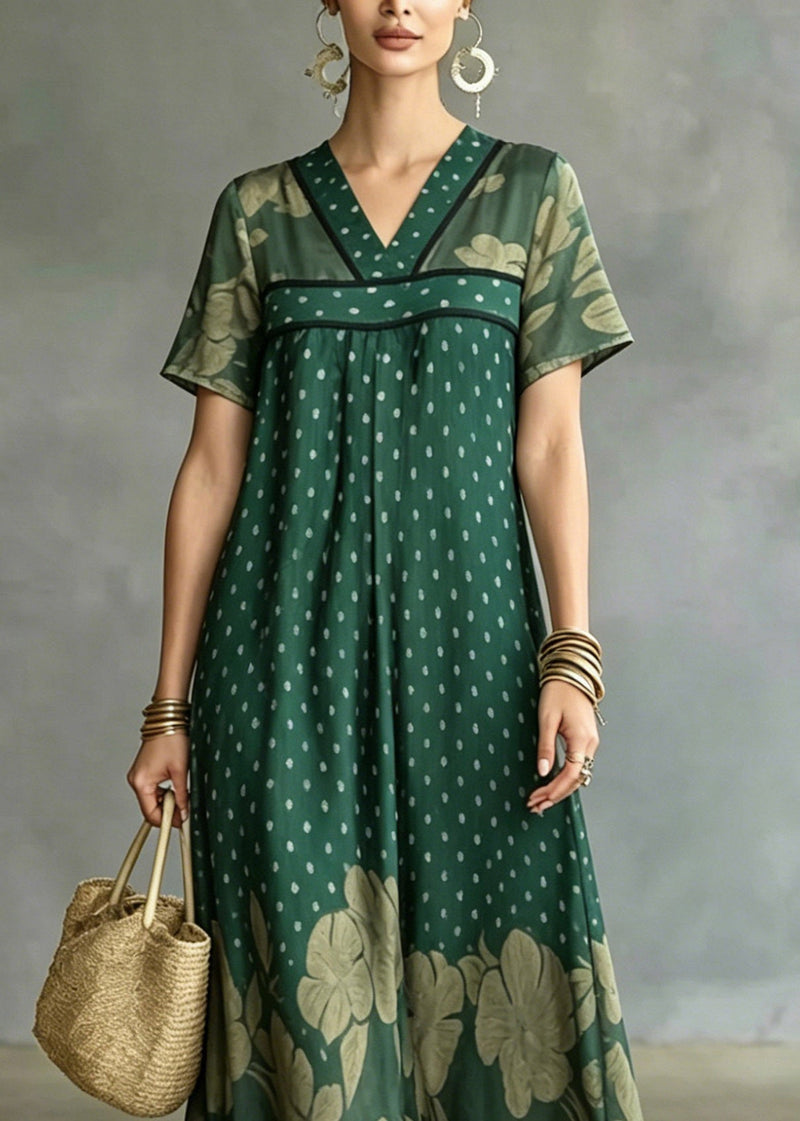Green V Neck Patchwork Ice Silk Long Dress Short Sleeve