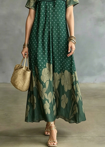 Green V Neck Patchwork Ice Silk Long Dress Short Sleeve