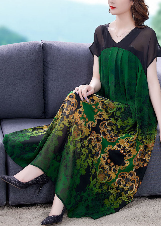 Green V Neck Patchwork Print Chiffon Dresses Short Sleeve