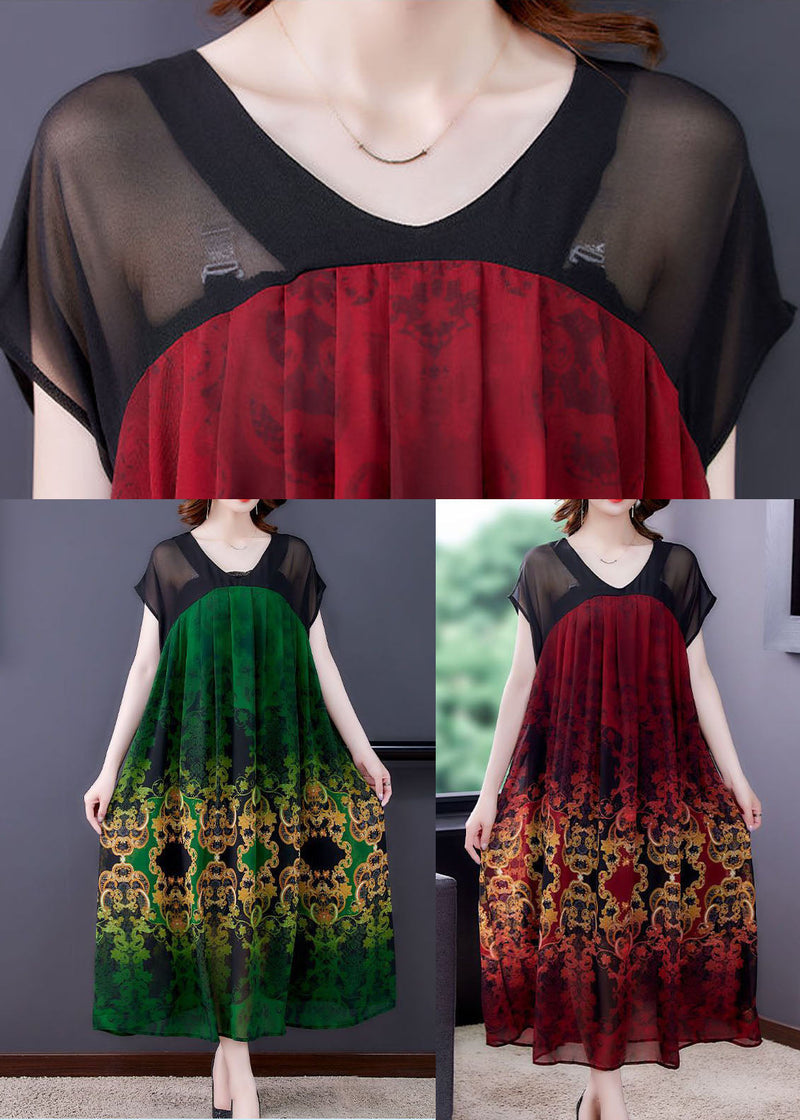 Green V Neck Patchwork Print Chiffon Dresses Short Sleeve