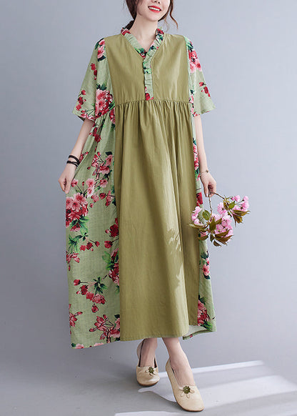 Green V Neck Patchwork Wrinkled Print Long Dresses Short Sleeve