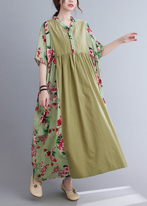 Green V Neck Patchwork Wrinkled Print Long Dresses Short Sleeve