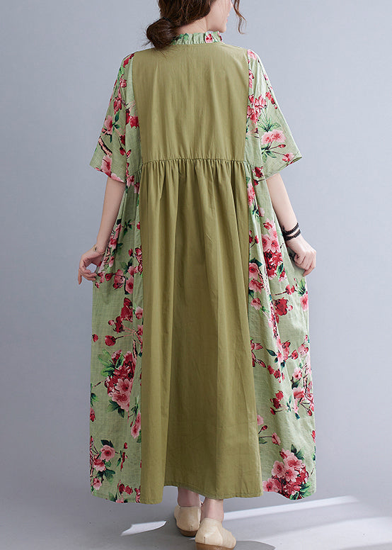 Green V Neck Patchwork Wrinkled Print Long Dresses Short Sleeve