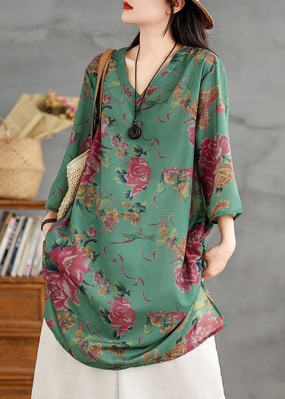 Green V Neck Print Cotton Mid Dress Summer