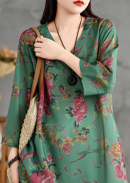 Green V Neck Print Cotton Mid Dress Summer