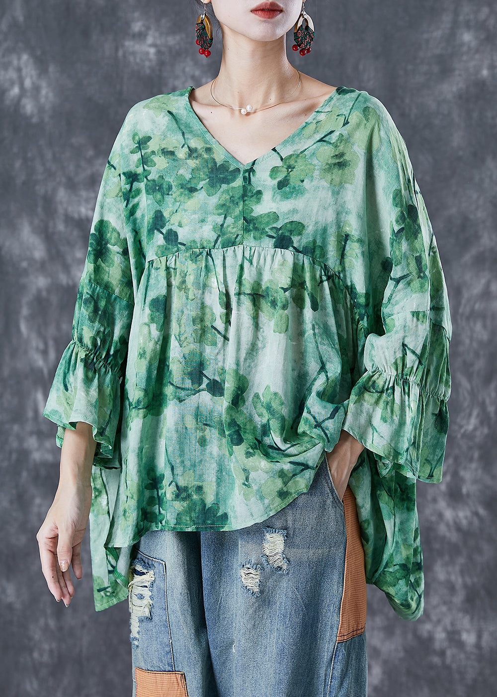 Green V Neck Print Linen Shirts Batwing Sleeve