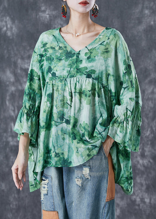 Green V Neck Print Linen Shirts Batwing Sleeve