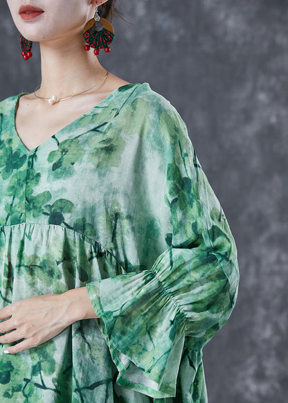 Green V Neck Print Linen Shirts Batwing Sleeve
