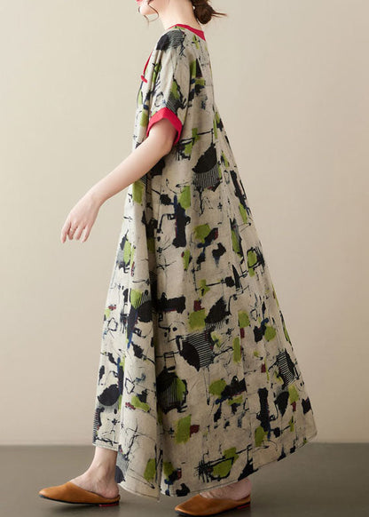 Green V Neck Print Patchwork Linen Long Dresses Summer
