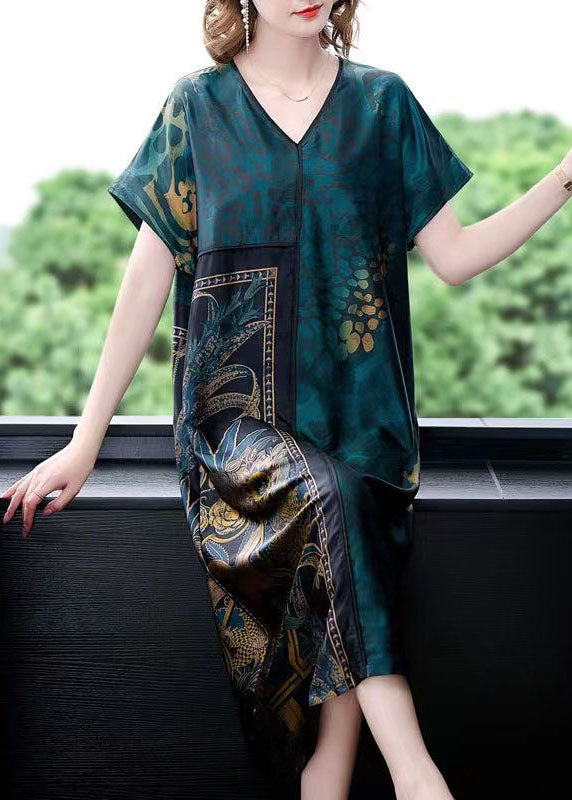 Green V Neck Print Patchwork Silk Dress Summer