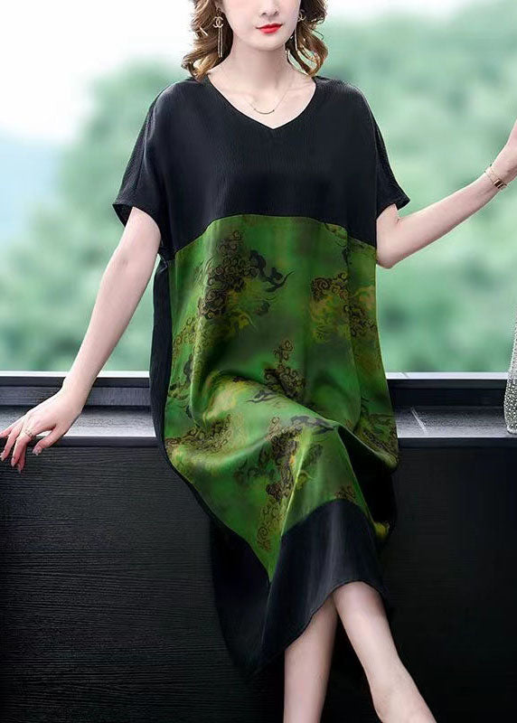 Green V Neck Print Pockets Patchwork Silk Dress Summer