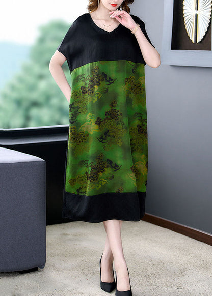 Green V Neck Print Pockets Patchwork Silk Dress Summer