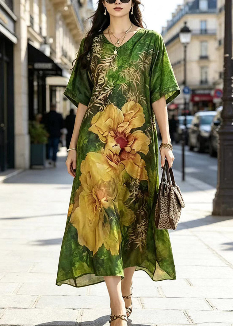 Green V Neck Print Silk Maxi Dress Short Sleeve